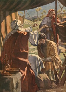 Scene from the biblical story, Jacob receives the blessing, a central biblical story from Genesis
