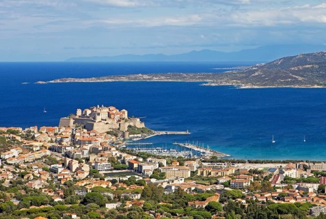 View of Calvi Citadel and Calvi Bay, in the background Cap Corse, Haute-Corse Department, Balagne,