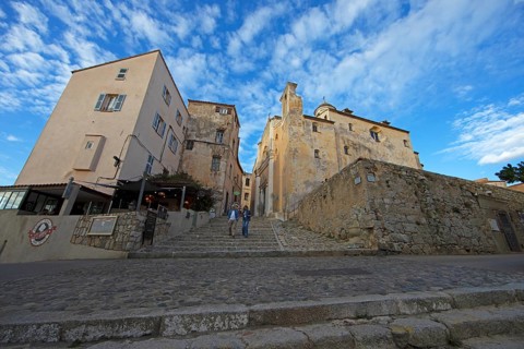 Houses in Piazza d' Armi, Calvi Citadel, Balagne, Haute-Corse Department, Corsica, France