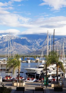 Calvi marina, with the mountains of the Balagne region in the Haute-Corse department, Corsica,