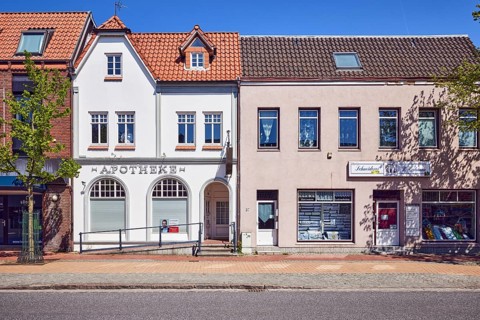 Residential and commercial buildings, row of houses, general architecture, historic pharmacy,
