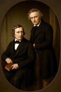 Wilhelm and Jakob Grimm, historical illustration from the history of German literature from 1885,