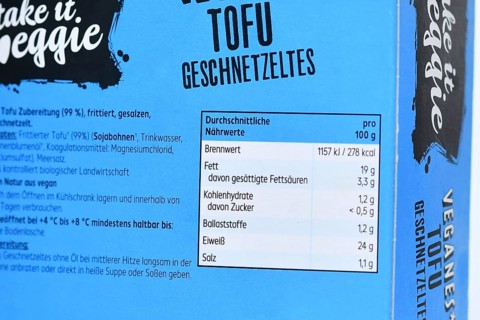 Germany - October 2025: German nutrition label of fried tofu showing calories, fat, carbohydrates,