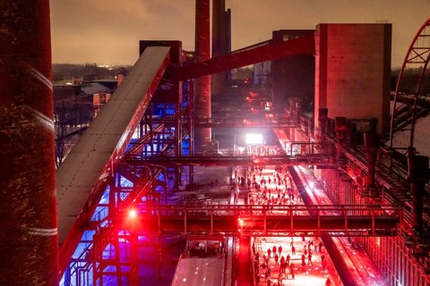 Ice rink at the Zollverein coking plant, ice skating with music and many lighting effects, Essen,