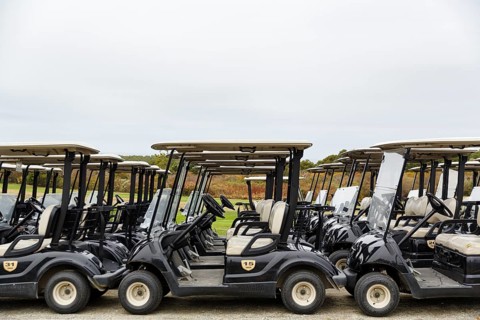 Lined up golf carts, golf carts, North Truro, Cape Cod, Massachusetts, New England, USA