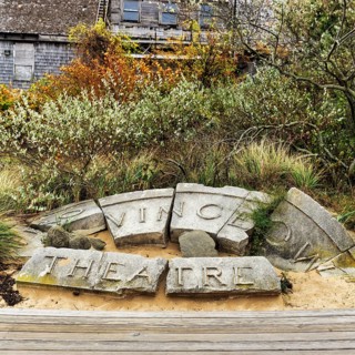 Ruins, former Provincetown theater, cinema, remains, sign with inscription, Whaler's Wharf,