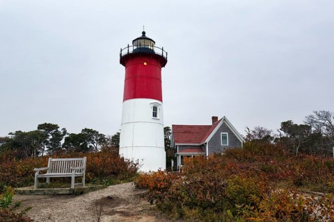 Historic lighthouse, Nauset lighthouse, twilight in autumn, Cape Cod National Seashore in Eastham,