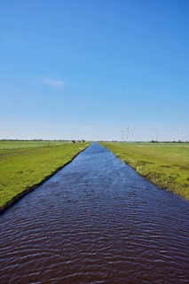 Bach Lecker Au, agricultural land, meadows, wind turbines, pale blue sky, cirrostratus clouds,