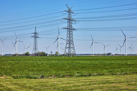 Wind turbines, high-voltage pole, high-voltage line, meadows, trees, Stadionstraße, Risum-Lindholm,