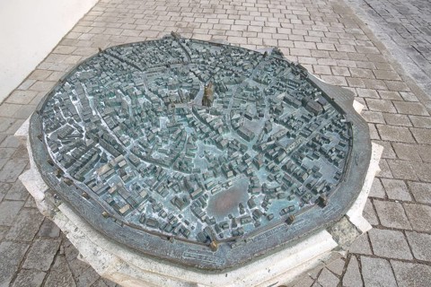 Historical cityscape as 3D model, miniature, view, city history, bronze sculpture, market square,