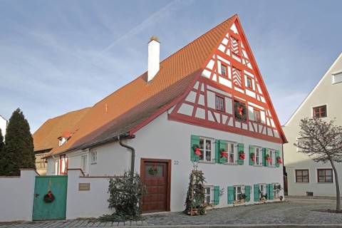 Historic half-timbered house built in 18th century with Christmas decoration, Bauhofgasse,