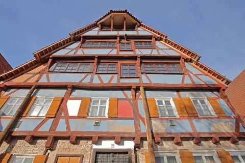 Former tanner house built in 1422, half-timbered house, looking up, gable, Vordere Gerbergasse,