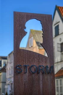 Metal sculpture with head profile of poet Theodor Storm against a city backdrop under a blue sky,