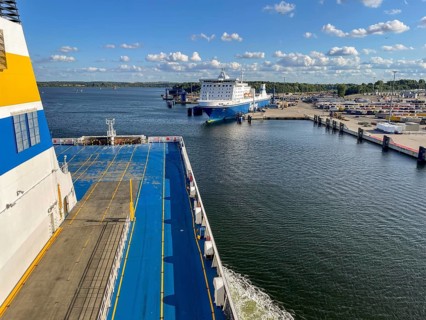 Large ferry is located in the port of Travemünde on, Scandinavia quay in the foreground dcas