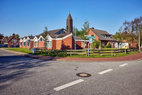 St. Ulrich Catholic Church, church tower, residential buildings, semi-detached houses, building