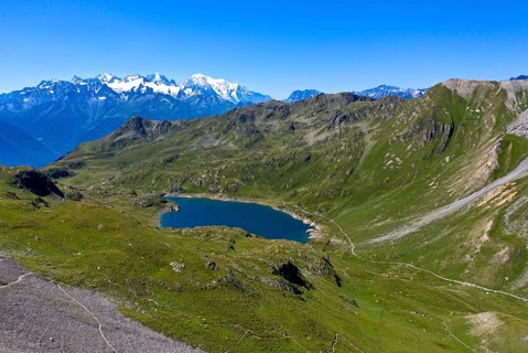 Oberer Fully See mountain lake, Lac Supérieur de Fully, in the back the Montblanc massif, Fully,