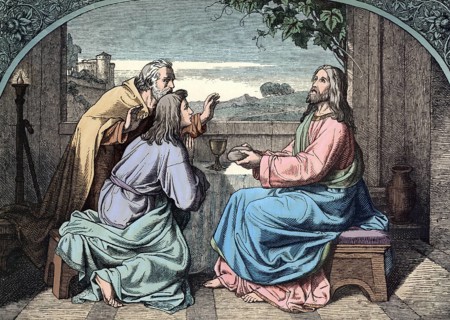 Scene from the biblical story, On the Day of Jesus' Resurrection, two disciples, one of them named