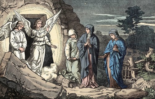 Scene from the biblical story, The Resurrection of Jesus Christ, authentic reproduction of a school