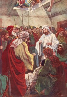 Scene from the biblical story, In the Bible, the story of the man with four friends refers to the