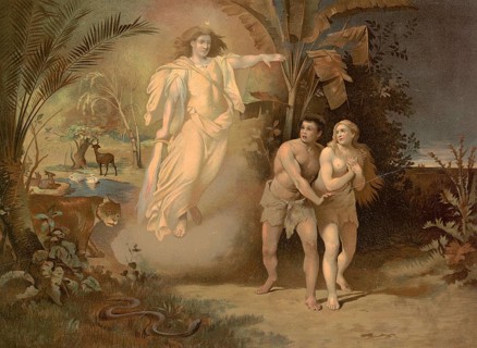 Scene from the biblical story, The Expulsion from Paradise, Adam and Eve, authentic reproduction of
