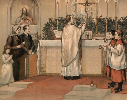 Scene from the biblical story, church service, priest preparing the Lord's Supper for the faithful,
