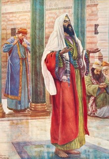 Scene from the biblical story, The Parable of the Pharisee and the Tax Collector, authentic
