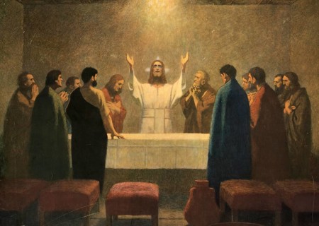 Scene from the biblical story, The Last Supper, authentic reproduction of a school mural,