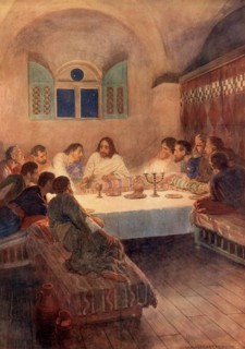 Scene from the biblical story, The Last Supper of Jesus with his disciples, authentic reproduction