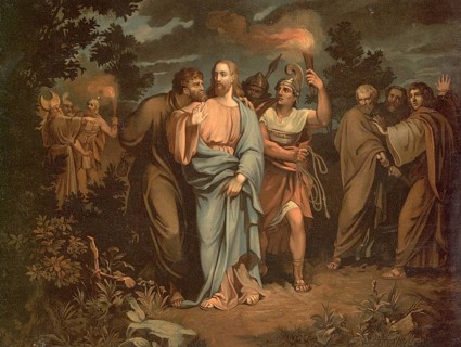 Scene from the biblical story, The Kiss of Judas, Judas Kiss, authentic reproduction of a school