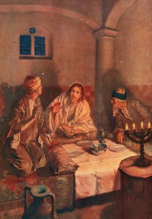 Scene from the biblical story, On the Day of Jesus' Resurrection, two disciples, one of them named