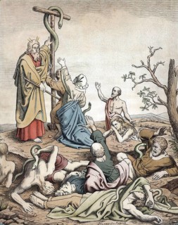 Scene from the biblical story, The Healing Copper Snake, a story from the 4th book of Genesis where