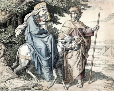 Scene from the biblical story, The Flight into Egypt, authentic reproduction of a school mural,
