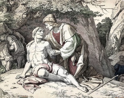 Scene from the biblical story, The Parable of the Good Samaritan is one of the most famous stories