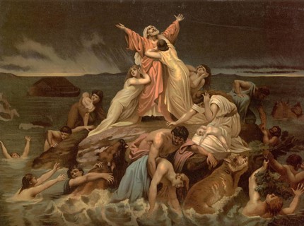 Scene from the biblical story, The Flood, worldwide flood to purify the earth, authentic