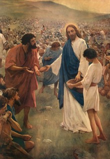 Scene from the biblical story, feeding the five thousand, miracle of the five loaves and two