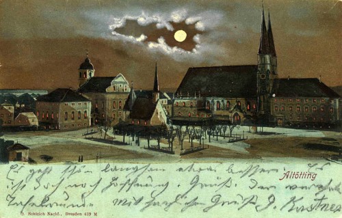Pilgrimage chapel and chapel square in Altötting at night, Altötting district, Upper Bavaria,