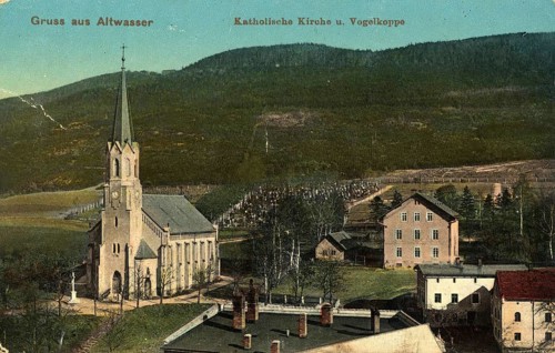 Altwasser, Catholic Church and Vogelkoppe, postcard, view around 1900 - 1910, historical, digital