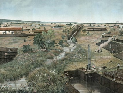 Oberschwäbisches Ried, Baden-Württemberg, Germany, flat landscape with waterways and workers