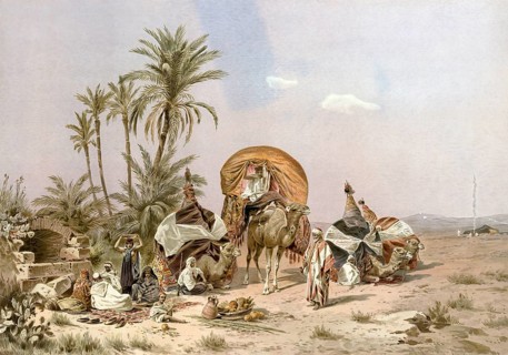 Bedouins, rest, camp in the desert, Arabia, caravan with camels and travelers in a desert landscape