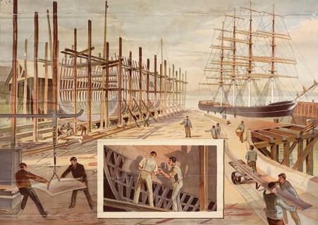 Shipbuilding, building sailing ships in a shipyard, carpenter, timber construction, workers