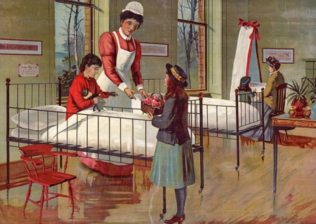 In a children's hospital, sick children in a dormitory room, visitor, nurse, scene in a hospital