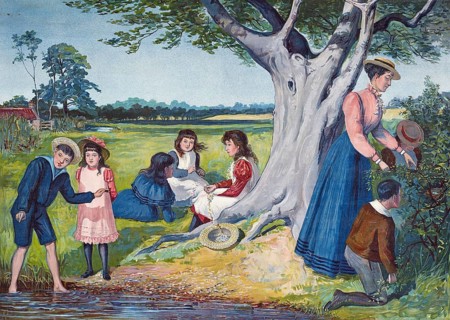 Trip with the children to the countryside, summer vacation, vacation, group of people having a