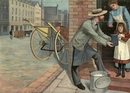 Milchman delivers milk to the front door, Germany, A milkman delivers milk to a child in a busy