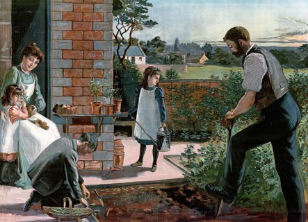 Man gardening, digging with spade, family, a family working in the garden, a woman watering plants