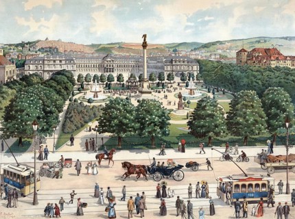 Schlossplatz in Stuttgart, Baden-Württemberg, Germany, lively town square with fountain, people,