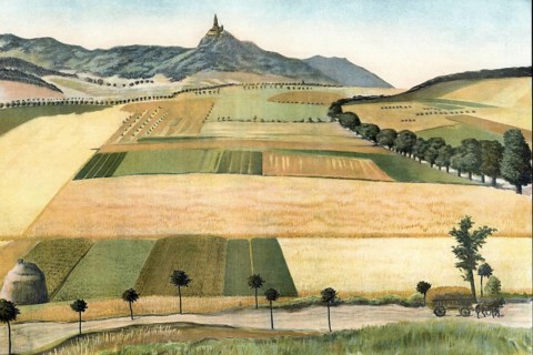 Kyffhäuser with golden floodplain, low mountain ranges south of the Harz, Thuringia, Germany,