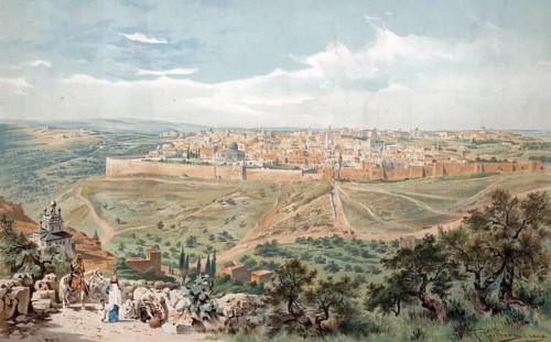 Panorama of Jerusalem, today Israel, panorama of an ancient city with walls in a vast landscape,
