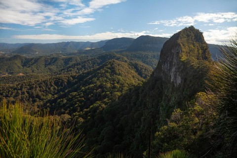 Clear blue sky with an open view toward the Mount Cougal summit, showing natural ridges and