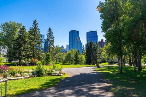 Lush green trees and flowerbeds in central memorial park provide a vibrant foreground to the modern