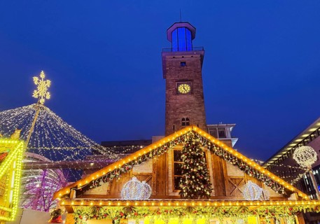The Christmas market with the town hall tower in the evening, Hagen, Ruhr area, North